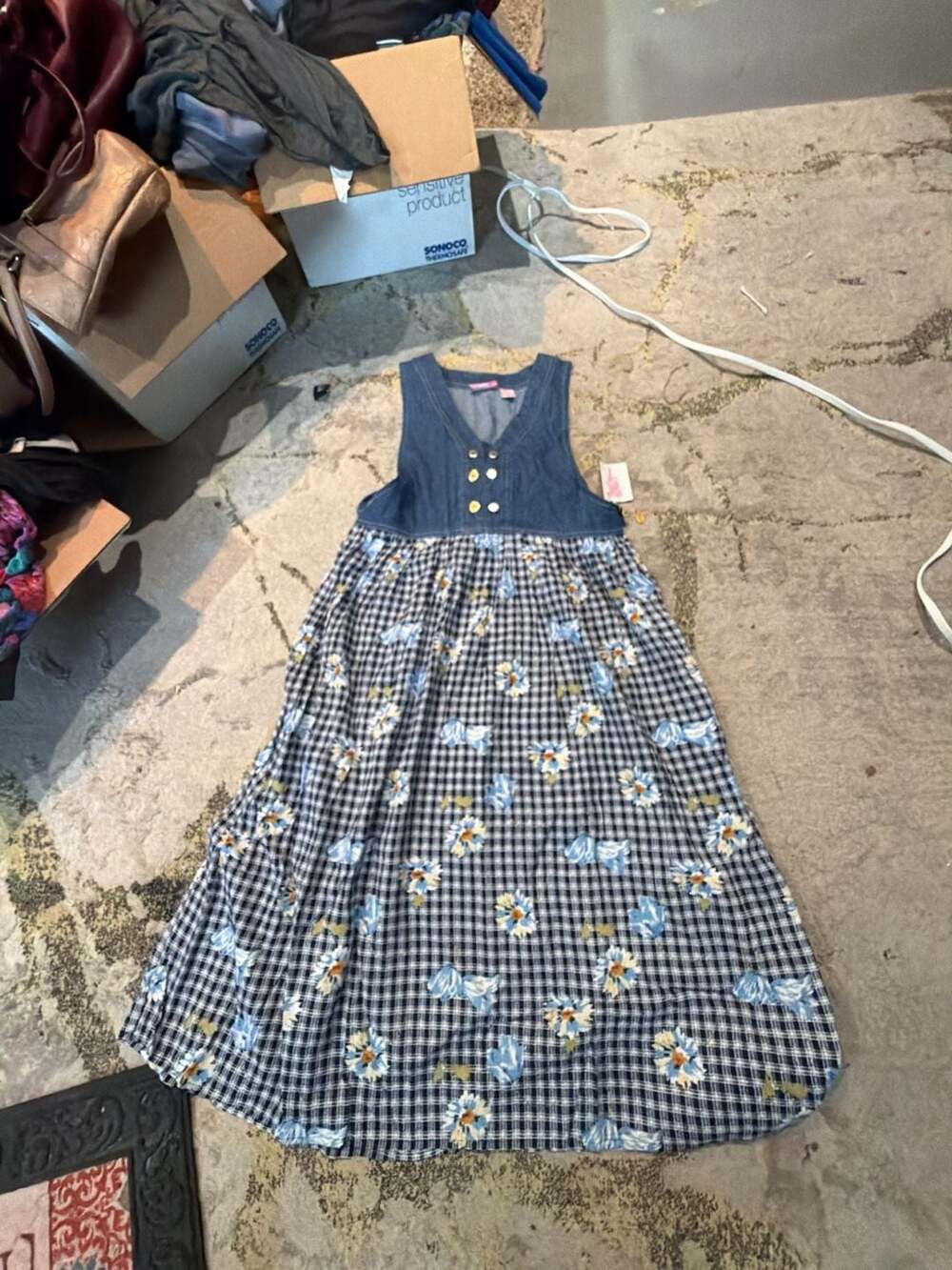 Penny Lane Vintage Sleeveless Denim Bodice Gingham Floral Print Midi Dress